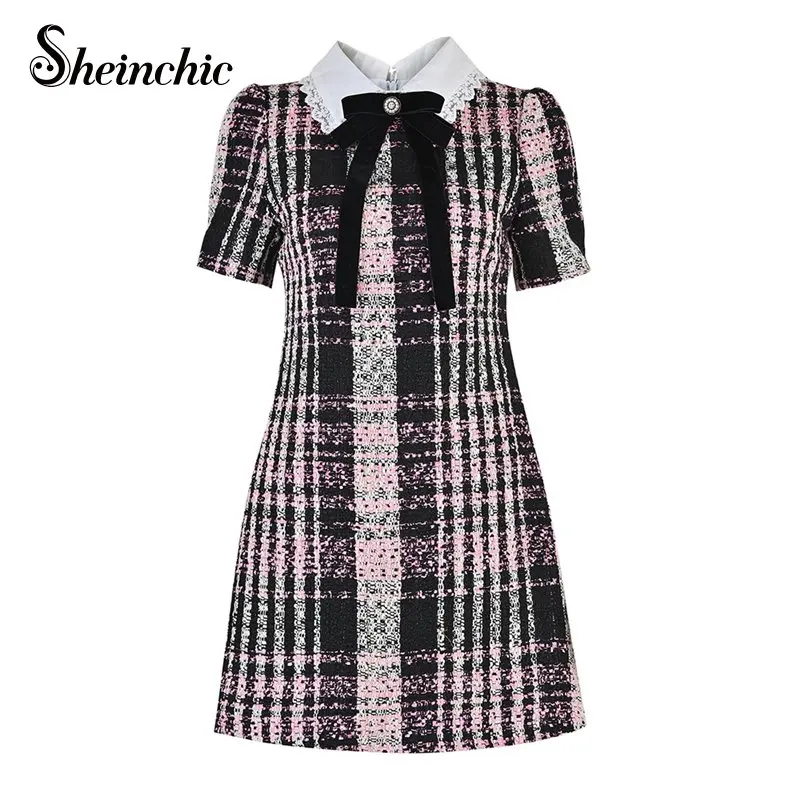 

Korean Fashion Woolen Summer Dress Women 2023 Luxury Designer Elegant Bow Short Sleeve A-line Mini Dresses Vestidos De Mujer
