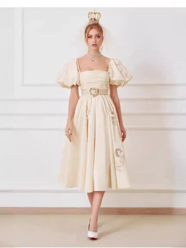 

Women Vintage Puff Sleeve Square Collar High Waist Long Party Dress Female Summer Embroidery Pleated Vacation Clothing G448