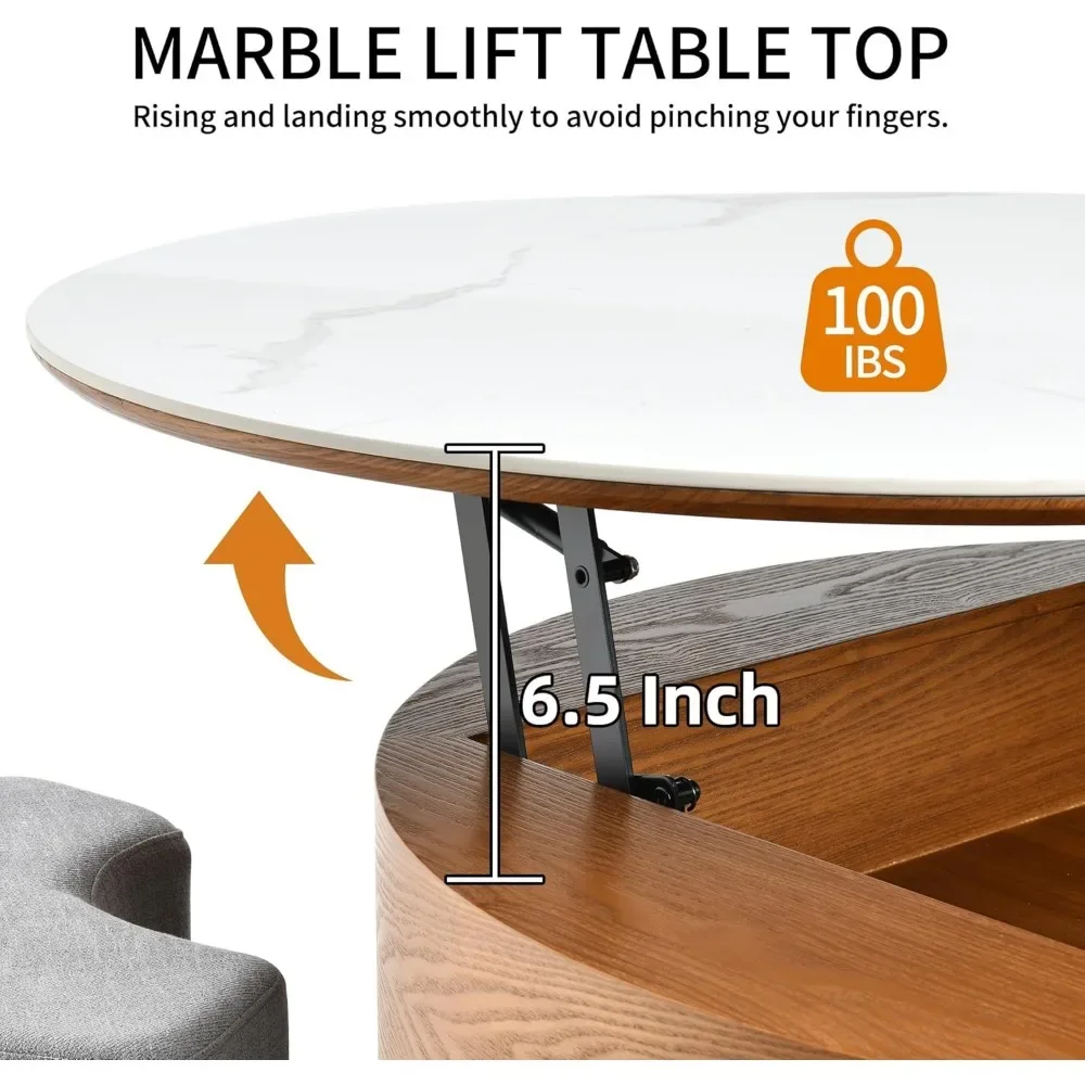 32" L Round Marbling Pattern Slate Coffee Table with Storage 3 Stools Wood Rustic Boho Lift Top Coffee Table Set for Living Room 6