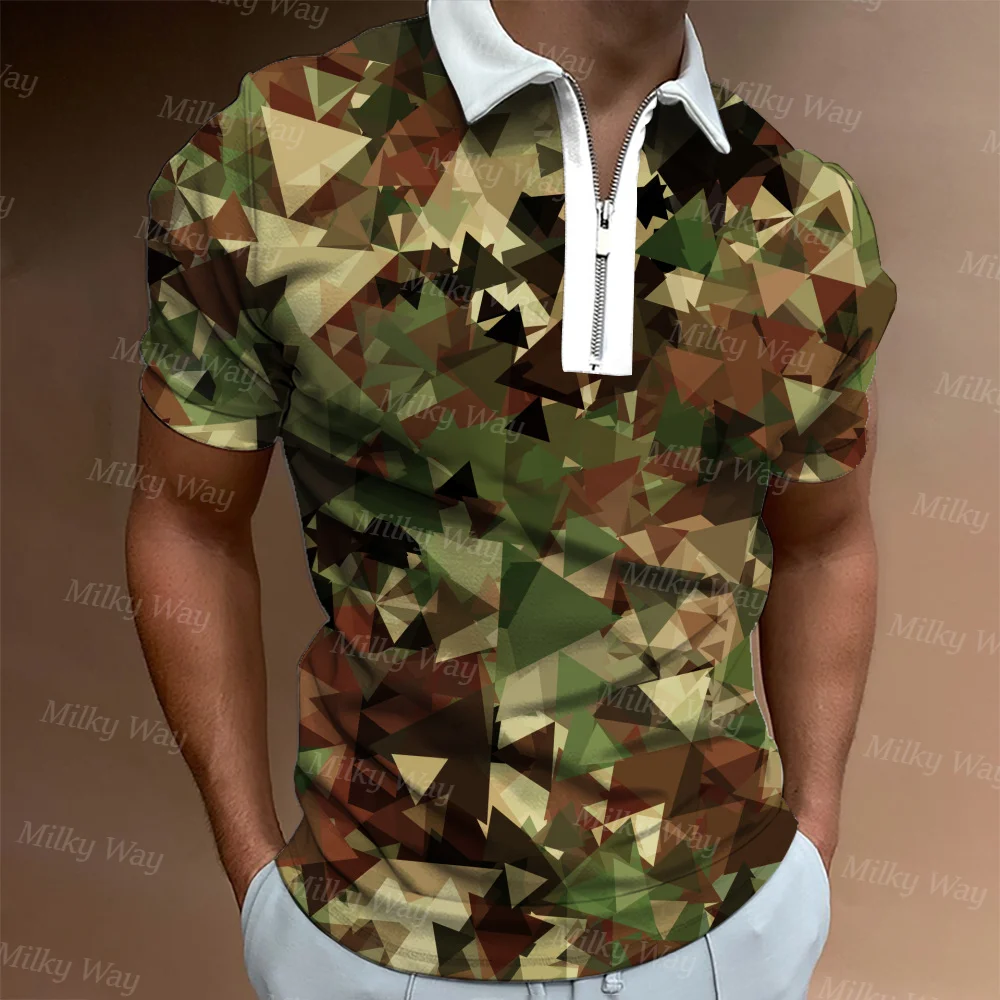 

Летняя мужская камуфляжная рубашка поло с коротким рукавом и отложным воротником, топы и футболки на молнии, модная одежда, мужская повседневная уличная одежда
