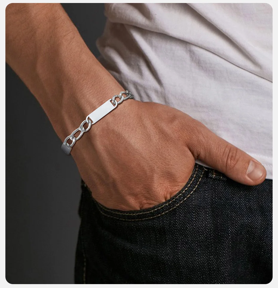 Vnox Kostenlose individuelle Namenskettenarmbänder für Herren, 7 mm breites verstellbares Edelstahl-Armband, personalisiertes Namensarmband für Ihn – Detail 5