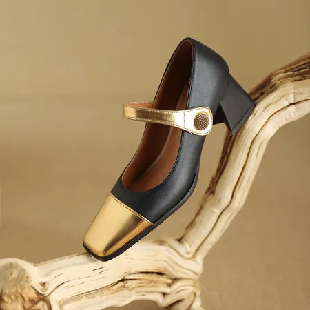 Square-toe High-heeled Shoes, Feminine Temperament, Advanced Black Mary Jane Shoes, Thick Heels and Leather Shoes.