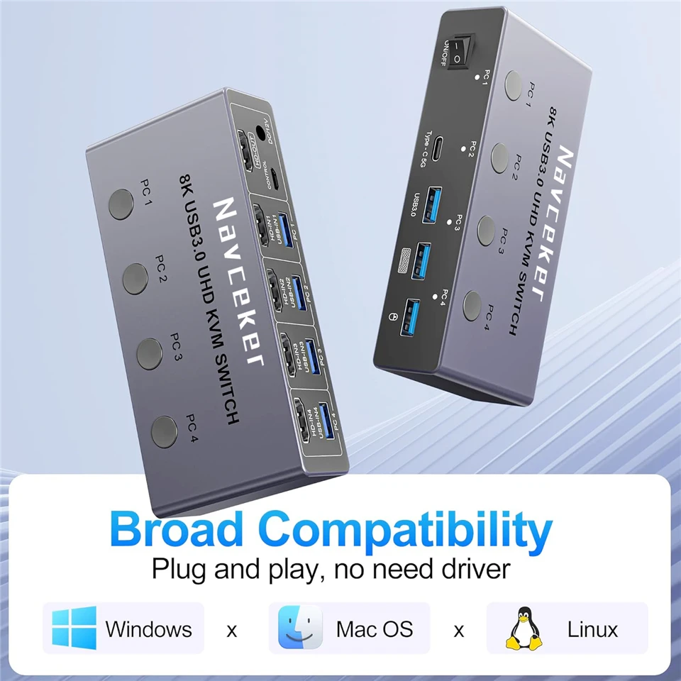 Navceker 4K 240Hz KVM Switch HDMI 4x1 8K KVM 4 PC Switcher 4 Port