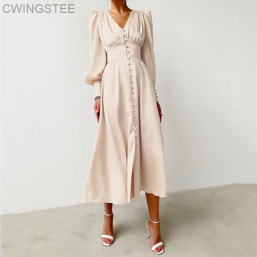 

White Single Breasted Elegant Dress For Women Party Robe High Waist Satin Long Dress Chic Midi Dresses Lantern Sleeve 2023