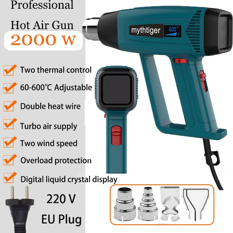 Industrial Heat Gun, 2000W Electric Hot Air Gun Kit with Digital LCD Display Air Dryer For Soldering Hair Dryer Construction electric impact drill