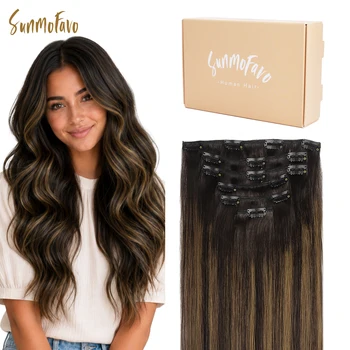 Clip In Human Hair Extensions Straight Natural Light Brown Honey Ombre Balayage Black Hair Pieces For Women Clip-in Full Head