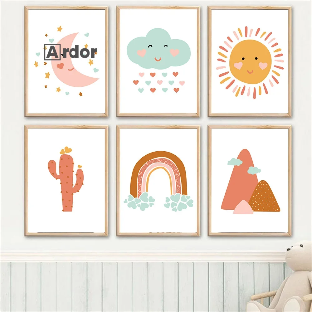 

Cartoon Rainbow Sun Cactus Art Poster Moon Clouds Canvas Painting Mountain Print Wall Pictures Nursery Baby Girl Room Home Decor