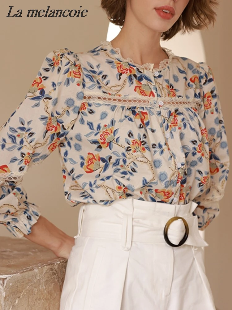 

Женская хлопковая блузка с цветочным принтом, свободная блузка в стиле ретро с воротником-стойкой и кружевом, весна-лето 2024