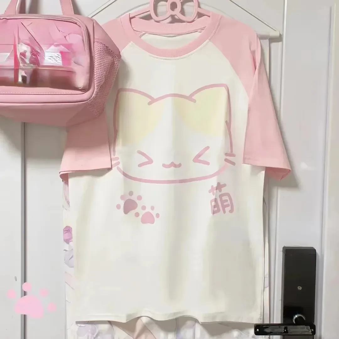 Japanese Grunge T-shirt Y2k Aesthetics Harajuku Anime Cartoon Cat Tops Tees Short Sleeve Women Kawaii Clothing Streetwear
