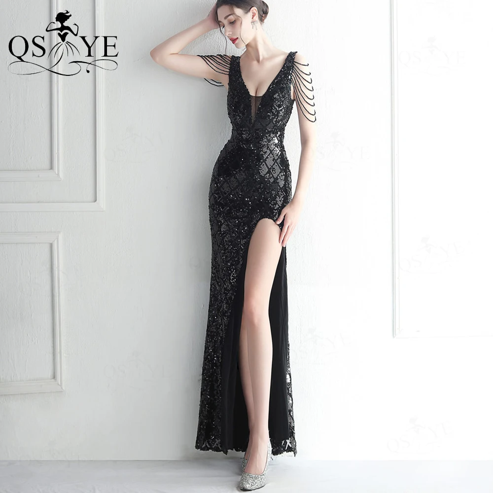 

Beading Shoulders Black Prom Dresses Long Sparkle Diamond Sequin Lace Evening Gown V Neck Backless Split Black Party Dress Shiny