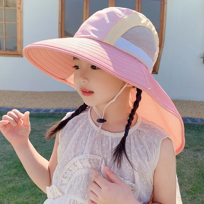

Summer Baby Sun Hat With Neck Flap Strap Wide Brim Beach Hats Kids Bucket Hat UV Protection Panama Cap For Boys Girls Outdoor
