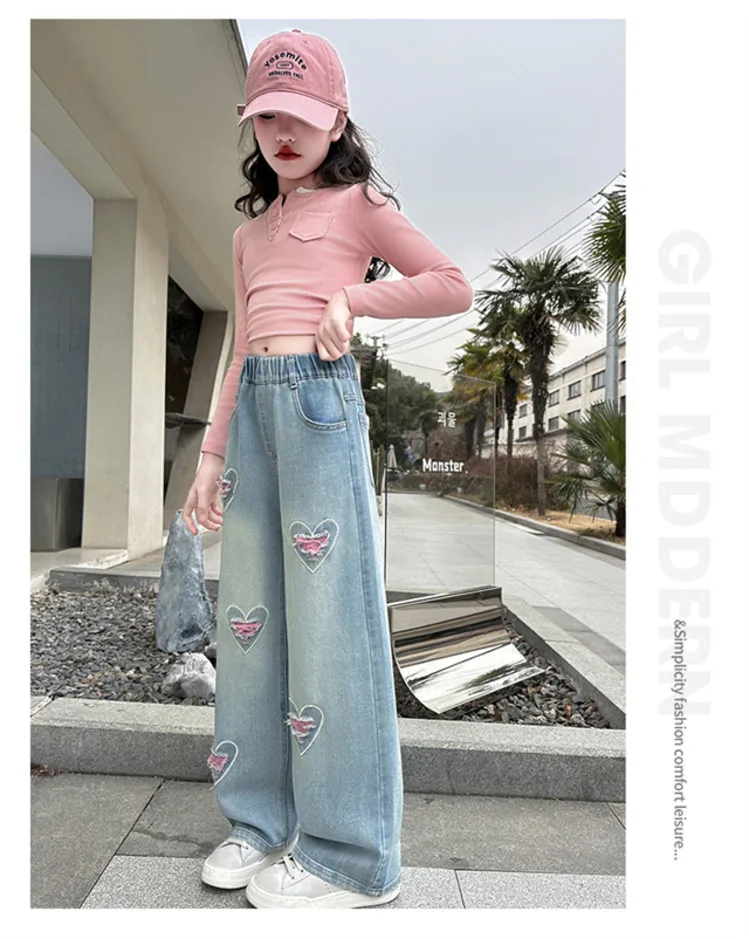 Frühlings- und Herbstjeans für Mädchen mit Herzmuster, Schleifenstickerei und Löchern, lockere Hosen für 5-14 Jahre alte Teenager-Mädchen, stylische Denim-Hosen mit weitem Bein. – Detail 20