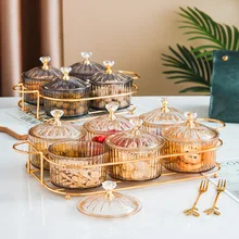 

Nordic Dried Fruit Plate Snack Dish Transparent Round Spice Holder Condiment Pot Snack Tray Iron Box with Lid Dessert Display