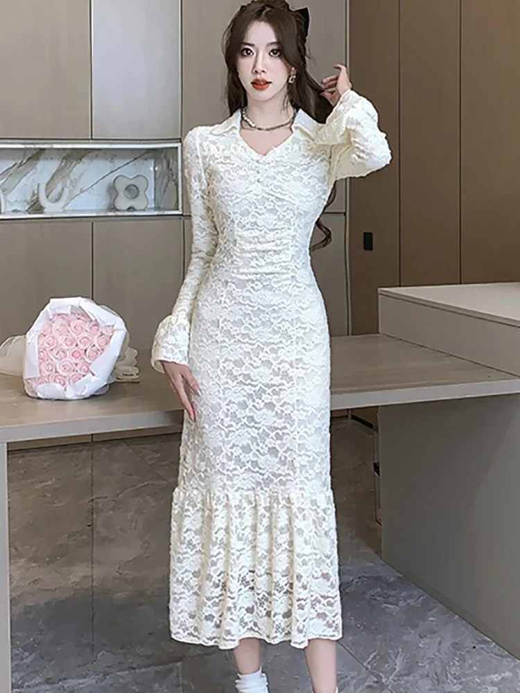 

White Lace Hook Flower Hollow Luxury Women's Dress Autumn Winter Chic Elegant Ruffled Long Dress 2023 Korean Vintage Party Dress