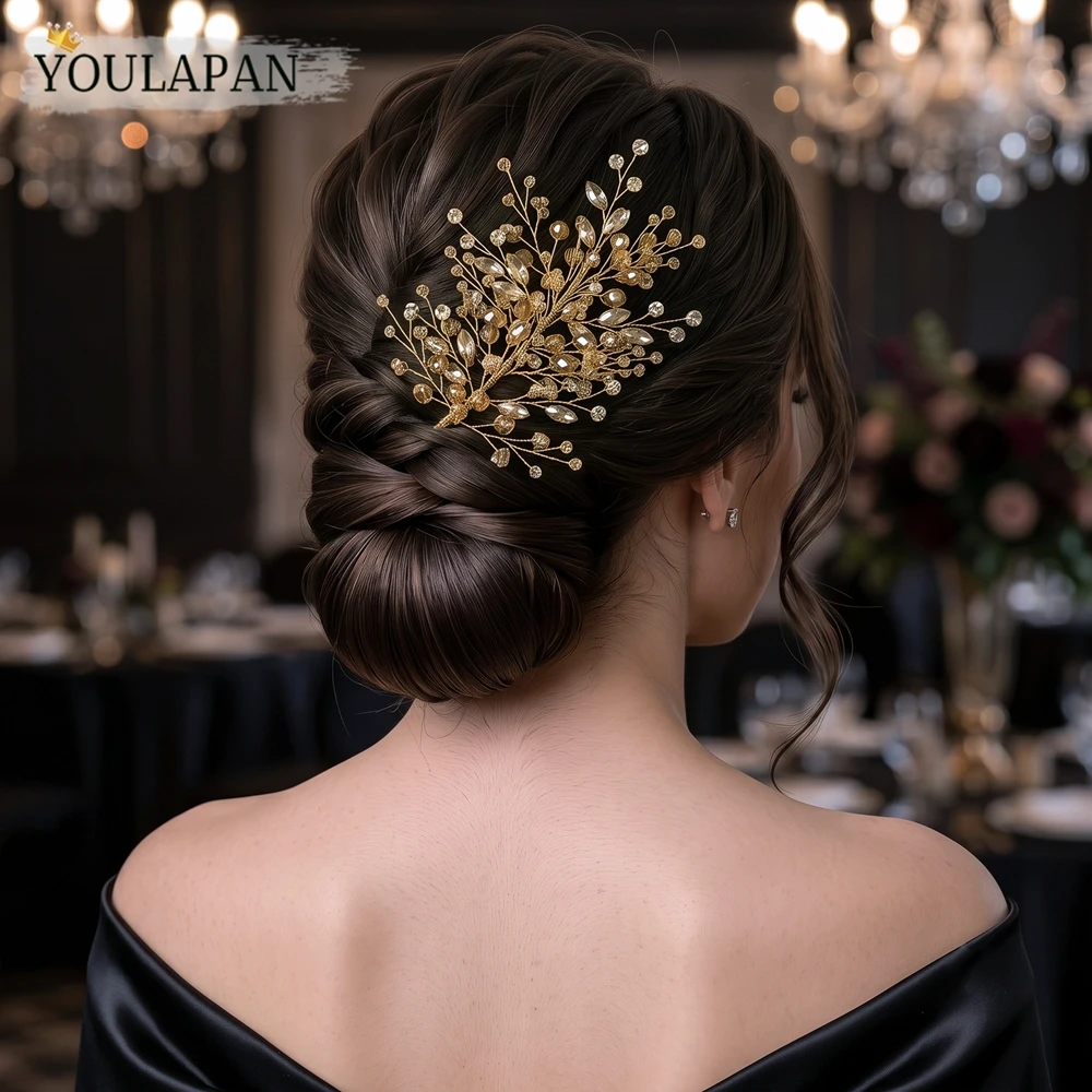 YouLaPan 빈티지 샴페인 라인스톤 신부 헤어 피스 크리스탈 사이드 헤드밴드 신부 프롬 웨딩 게스트 헤어 액세서리 A235