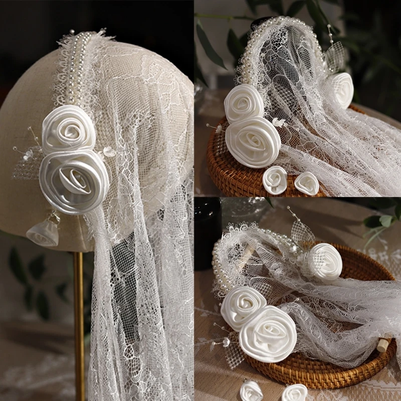 

Pearl Headbands Veil Photography Girl Lace Headdress for Marriage Registration