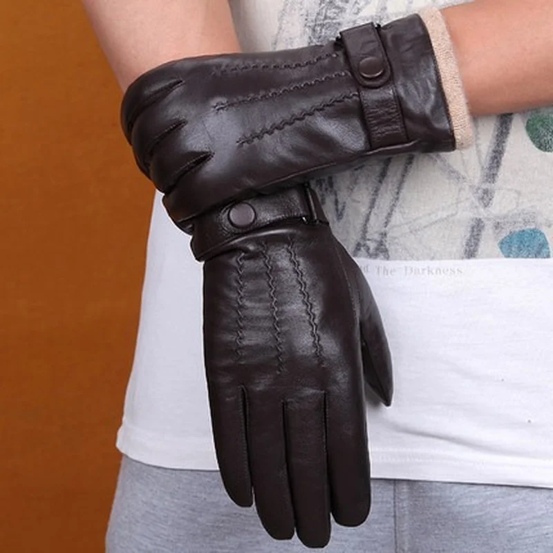 

Men's Genuine Leather Real Sheepskin Black Thickening Fur Gloves Button Fashion Brand Winter Warm Mittens New