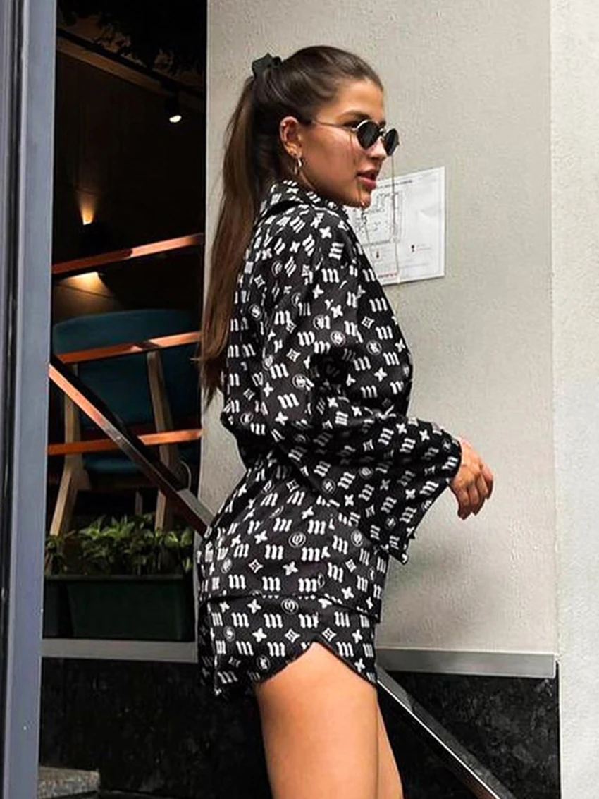 Marthaqiqi Fashion Ladies Nightgowns Suit Turn-Down Collar Robe Lace Up Pajama Long Sleeve Sleepwear Shorts Printing Nightie Set