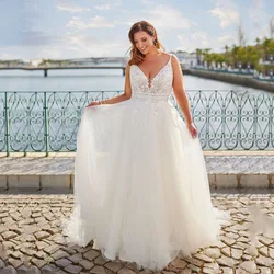 Classic Spaghetti Straps Wedding Dresses Plus Size V-Neck Lace Up Bride Gowns Empire Sweep Train A-Line Tulle Vestido De Novia