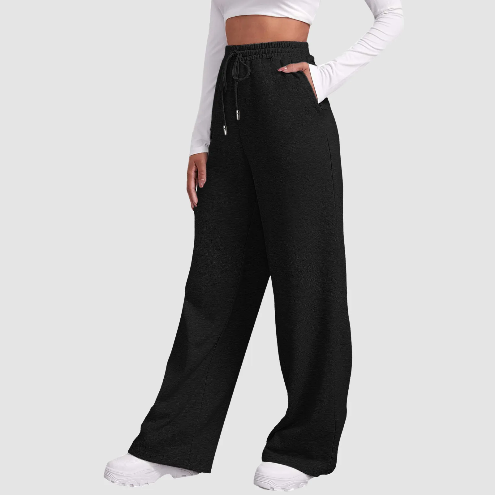 Women’s Fleece Lined Sweatpants Wide Straight Leg Pants Bottom Sweatpants Joggers Pants Workout High Waisted Pants With Pockets 5