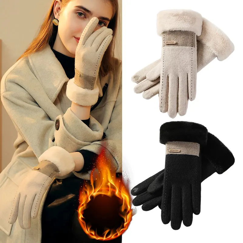 Women's Winter Cashmere Touch Screen Warm Gloves Outdoor Riding Plus Velvet Thicken Wool Bow Full Finger Driving Mittens