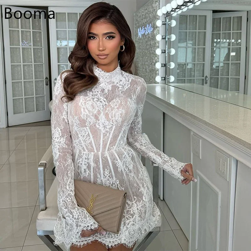 Booma Lace High Neck Mini Short Wedding Dresses Brides Party Gowns for  Women Long Sleeves Bridals Evening Dress Customized - AliExpress 320