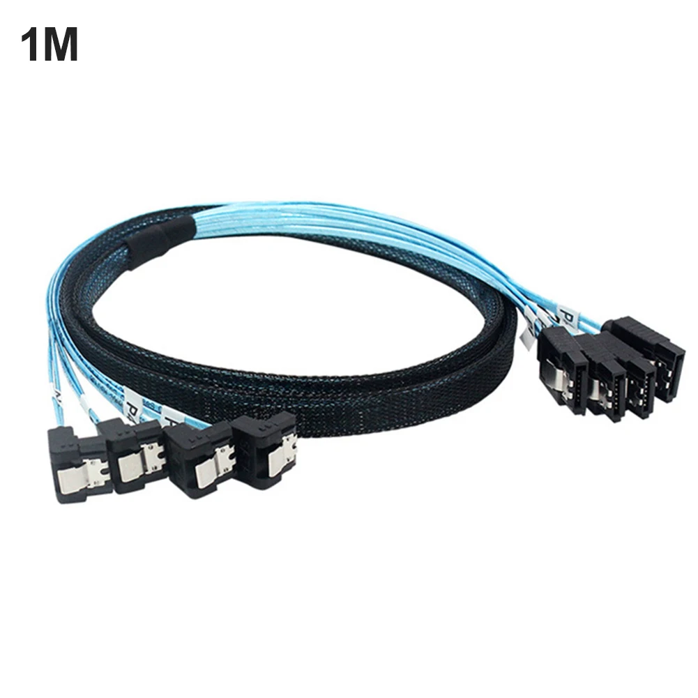 90° SATA 3.0 Mini SAS Cable - 6Gbps, 4 SATA to 4 SATA Male to Male, 7 Pin SSD Hard Disk Drive Data Cable Description Image.
