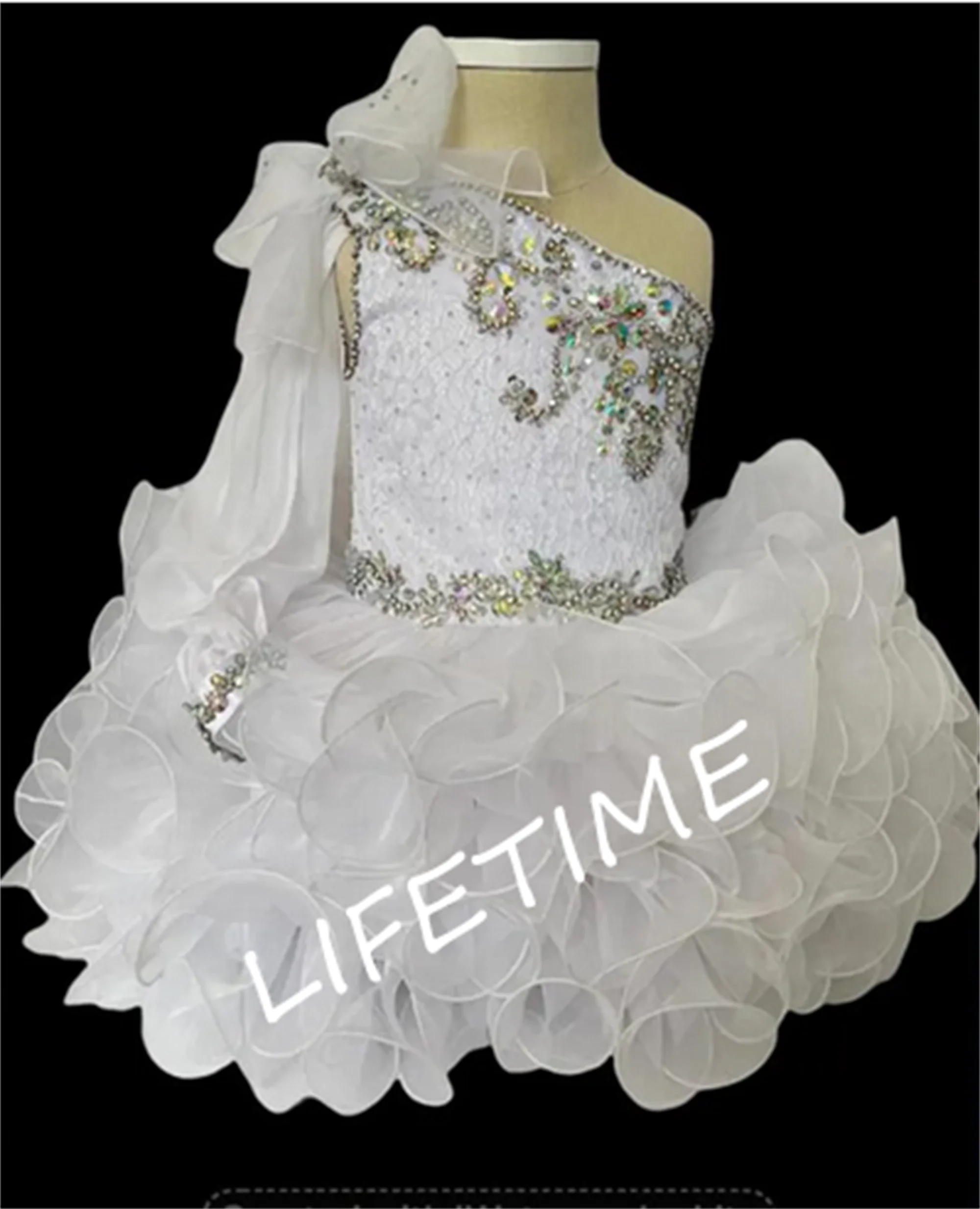 

White Cupcake Pageant Dress Toddler Glitz Pageant Dress Beading Crystals One Shoulder Kids Prom Party Gown