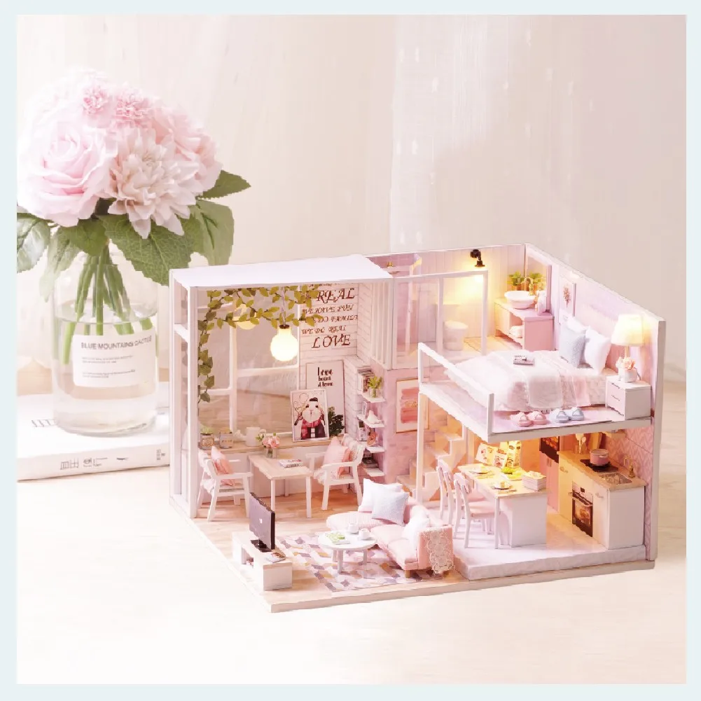 CUTEBEE DIY Doll House Wooden Doll Houses Miniature Dollhouse Furniture Diorama Kit with LED Toys for Children Christmas Gift