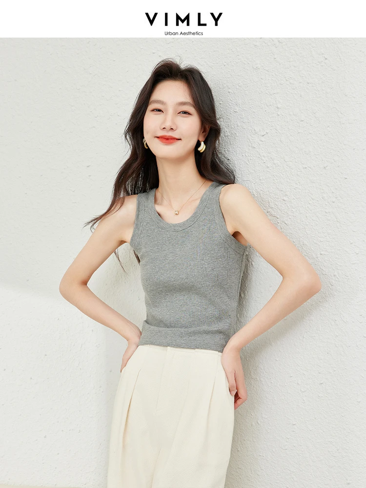 Vimly White Knit Tank Top for Woman Spring Summer High Strecth
