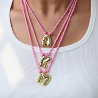 Colorful Cubic Zirconia Chunky Bubble Letter Pendant Necklace for Women Fashion Pink Rope Chain 18K Gold Plated Jewelry Gift