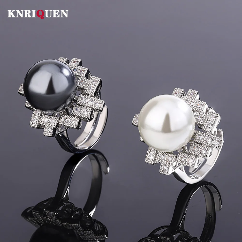 

Sparkling Luxury 14MM White Black Pearl Rings for Women Lab Diamond Ring Cocktail Party Wedding Fine Jewelry Anniversary Gift