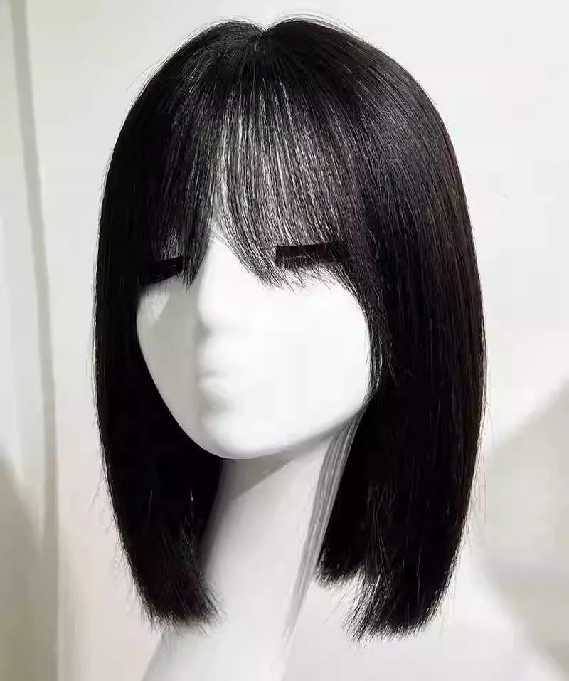 6x6 실크탑 베이스 가발 100% 밀도 높은 앞머리 있는 유럽산 천연 생모 레미 헤어 탄력캡 가발 바로 착용 가능한 리얼 헤어 가발
