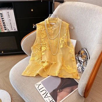Camicia gilet vintage Nuovo stile cinese Colletto alla coreana ricamato Gilet in organza Temperamento primaverile ed estivo Abbigliamento da donna 1