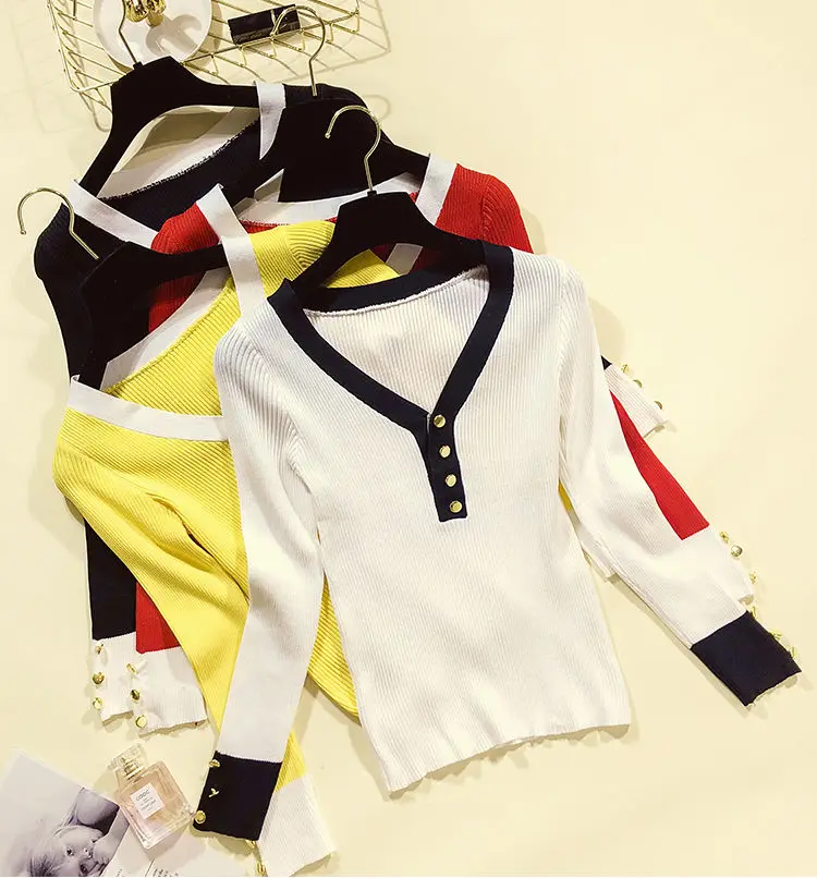 

Fashion Knit Coat Button Pullover Low V Collar Women Sweater Women's T-shirt Sweaters for Girl Pull Slim Top Cloth Shirt Clothes