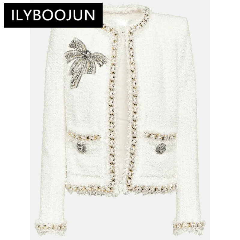 

White Beaded Bow Jacket New Designer Fashion Chain Edge Decoration Bow Tie Bead Business Wear Tweed Jacket Coat Women