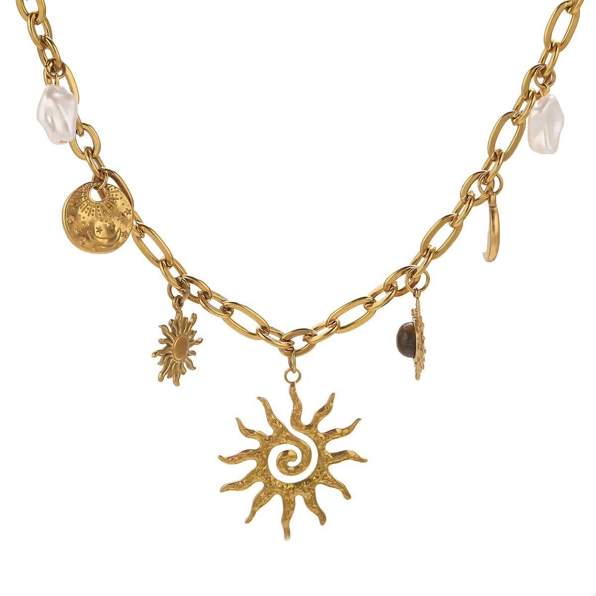 Jolivie Vintage-Halskette aus Edelstahl mit Naturstein-Sonnenanhänger für Damen, goldener Mond, Sonne, Stern, Charms, Modeschmuck, Geschenk – Detail 3