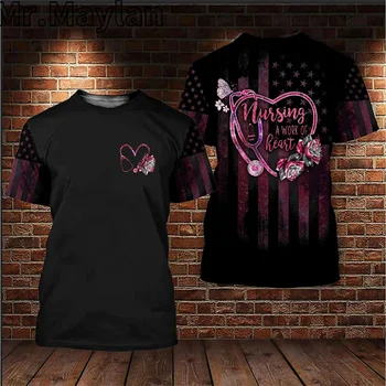 Nurse Life Nursing Is A Work Of Heart Pink Pattern 3D All Over Printed Black T shirt Men Women Streetwear Unisex Tee Tops