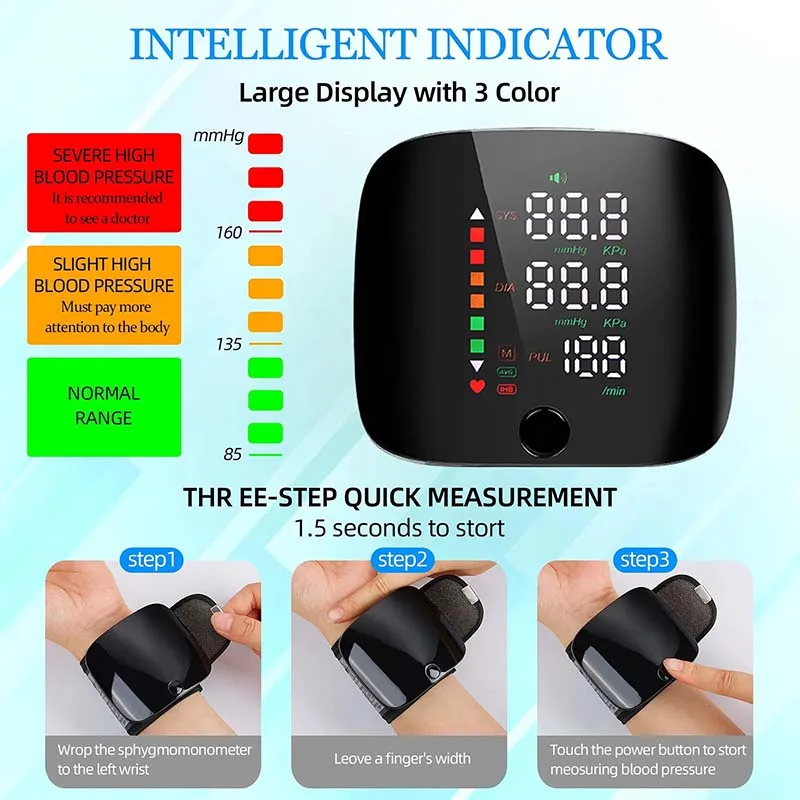 LED Rechargeable Wrist Blood Pressure Monitor English Russian Portuguese Spanish Voice Broadcast Tonometer BP Monitor