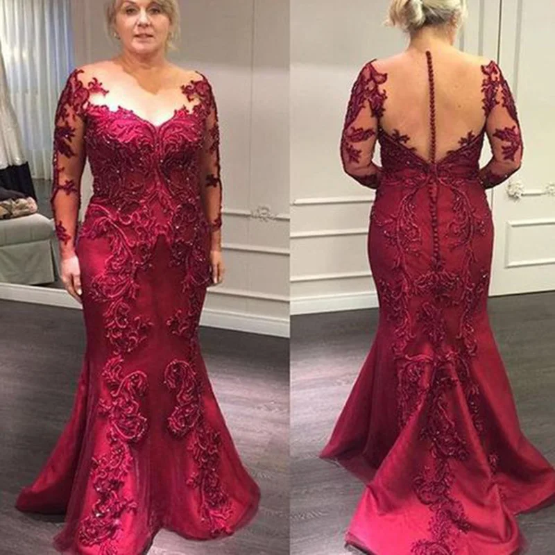 

Latest Elegant Full Length Burgundy Lace Mother of the Bride Dresses Long Sleeves Illusion Neck Wedding Party Gowns Mermaid