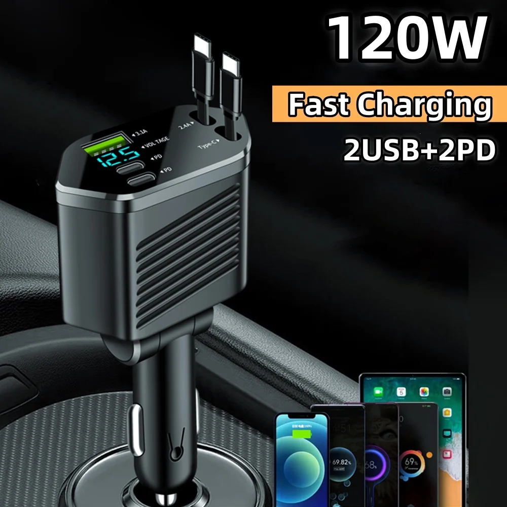 5 In1 Retractable Car Charger Fast Charging Cable 120W Super Fast Charger with LED Car Cigarette Lighter For iPhone15 16 Samsung