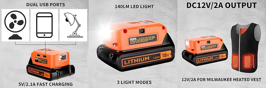 Battery Adapter for Black and Decker 20v Lithium Battery USB Phone Charger Led W