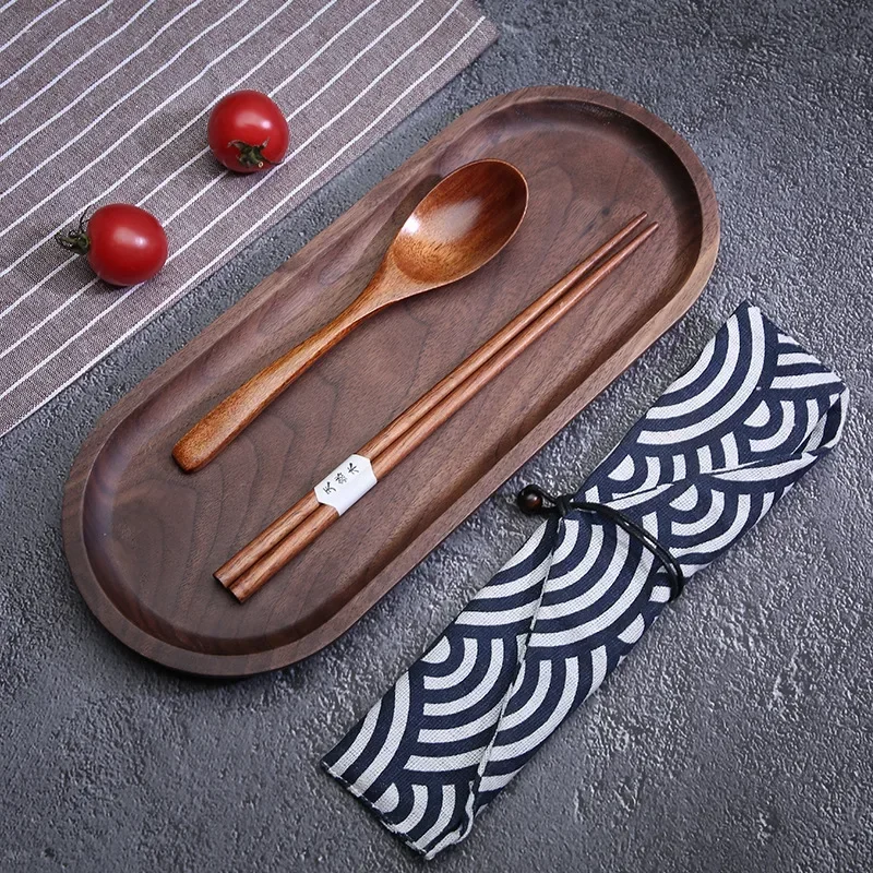 Wooden Tableware Set Cloth Bag Spoon Chopsticks Fork Cutlery Dinnerware Portable Travel Environment Students Kitchen Accessories cutlery set western style cutlery set picnic cutlery set picnic tableware camping cutlery set wooden cutlery set