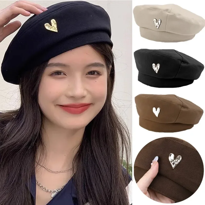 

Retro Love Heart Beret Autumn Winter Women Girls Solid Color Versatile Warm Beret Elegant Adjustable Daily Caps Fashion Gifts