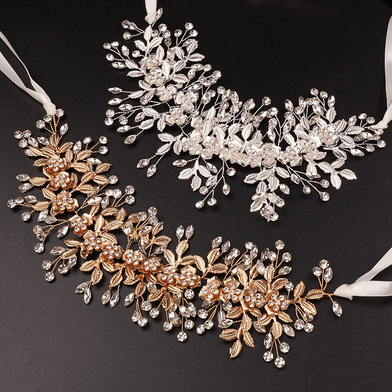 Silver Gold Flower Leaf Bridal Headpieces Wedding Rhinestones Headband Bride Hair Pieces Crystal Flower Girl Hair Accessories