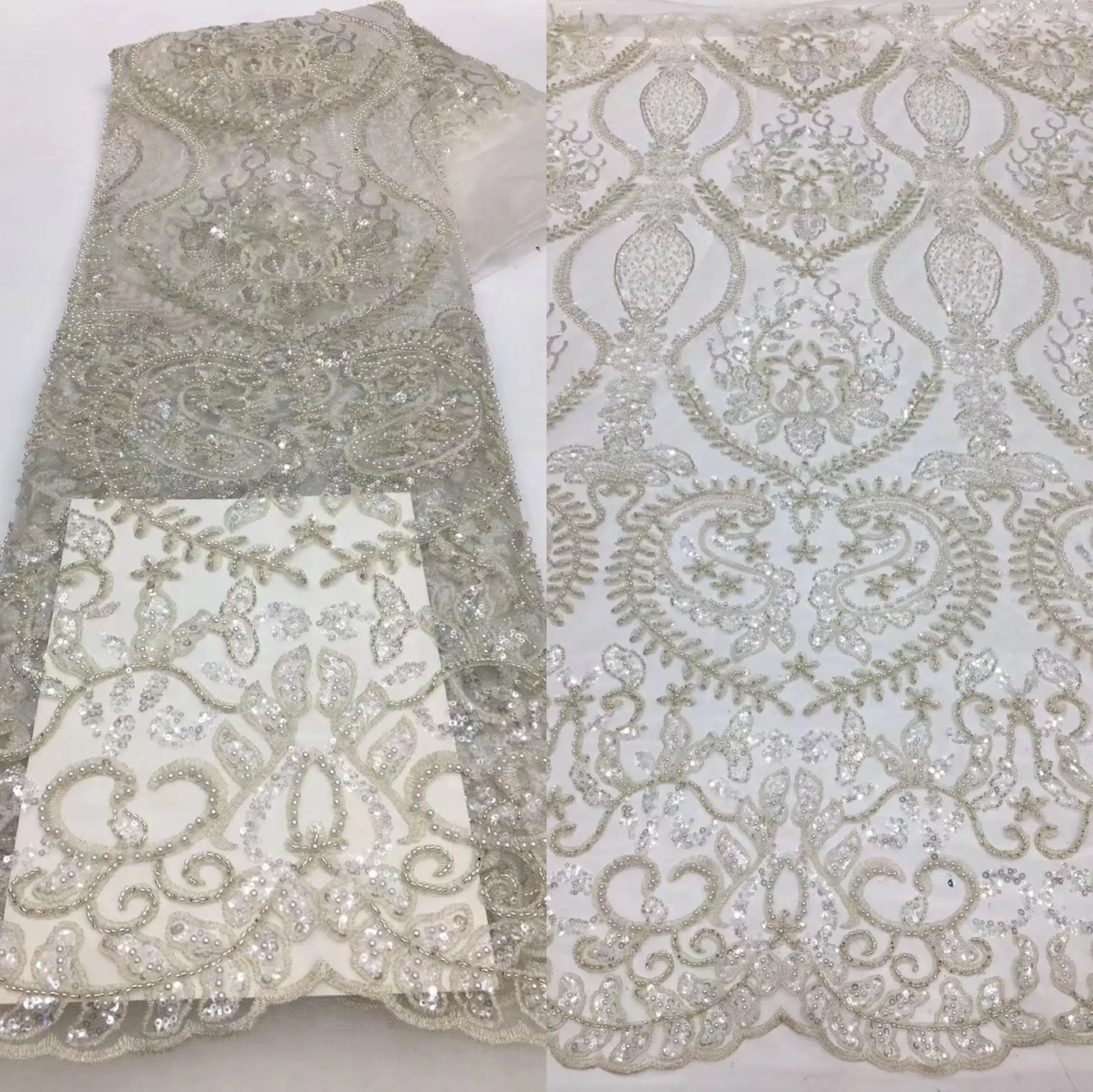 

French Mesh Net Lace Fabric with beads and sequins High Quality African ZH-1222464 Tulle Fabric For Wedding