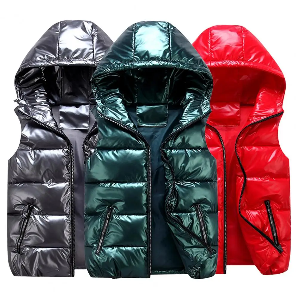 

1Pc Thick Women Winter Vest Hooded Warm Elastic Hem Cotton Padded Vest Pockets Bright Color Quilted Waistcoat for Daily Wear
