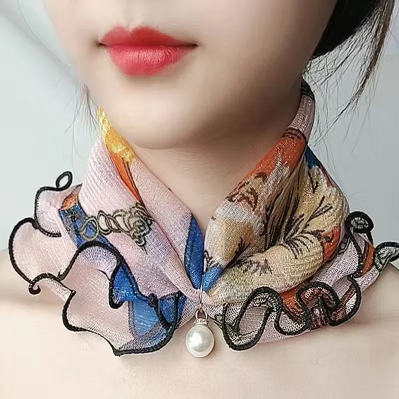 

New Fashion Neck Collar Print Shiny Variety Loop Scarf Ruffle Lace Scarf Pearl Pendant Organza Chiffon Scarves Bandana Headband