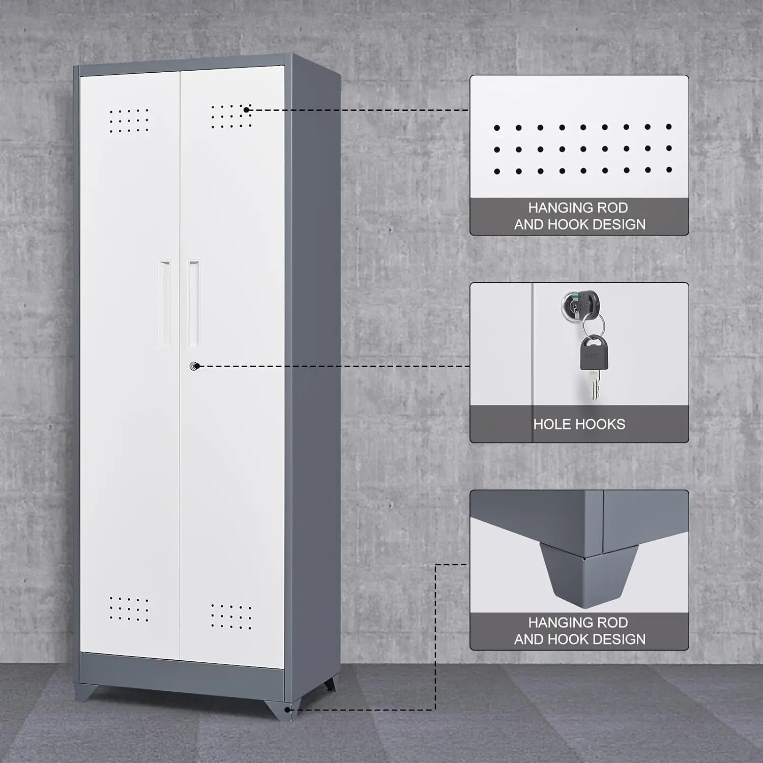 Broom Closet Storage Cabinet with Locking Doors,Cleaning Tool Cabinet,Metal Storage Cabinet with Shelves and Hanging R 4