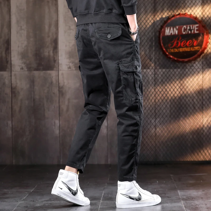 Men's Orange Tactical Cargo Pants Casual Cotton Elastic Waist Drawstring Trousers